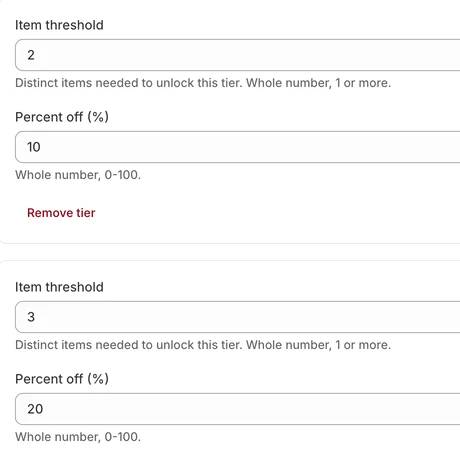Two discount tiers in a bundle's settings in the Shopify admin: item threshold 2 with 10% off, and item threshold 3 with 20% off.